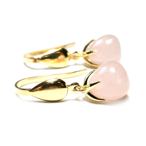 Rose quartz earrings gold plated, gemstone drop earrings, pink natural stone earrings