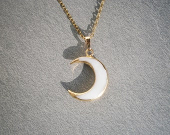White mother of pearl moon necklace, gold plated crescent moon necklace, white gold crescent moon, moon necklace