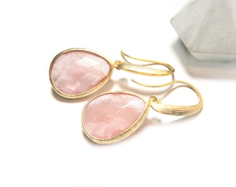 Cherry quartz drop earrings, matt gold plated, pink gemstone earrings, natural stone earrings