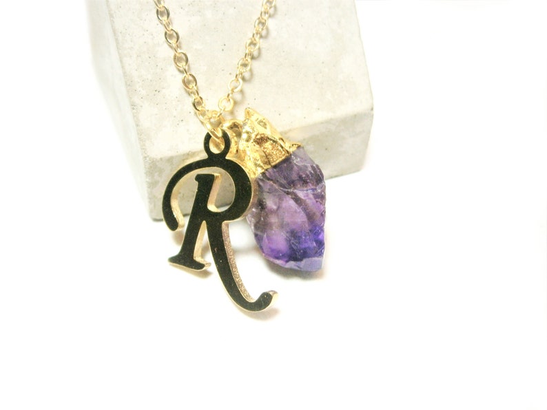 Personalized necklace amethyst raw stone pendant chain letter gold plated