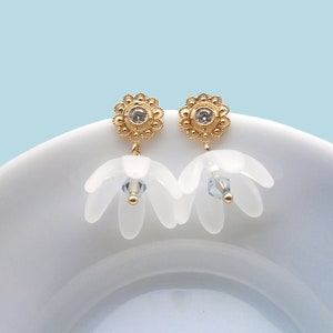 White bellflower earrings gold plated with zirconia, flower earrings, romantic earrings image 1