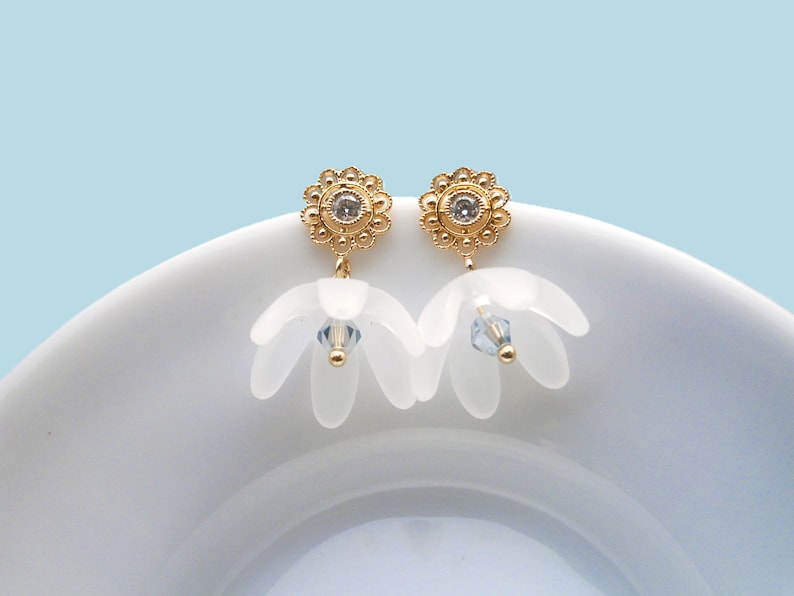 White bellflower earrings gold plated with zirconia, flower earrings, romantic earrings image 1