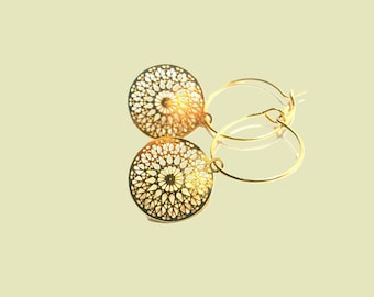 Golden hoop earrings with round boho pendants: Gold-plated ornamental earrings, drop earrings