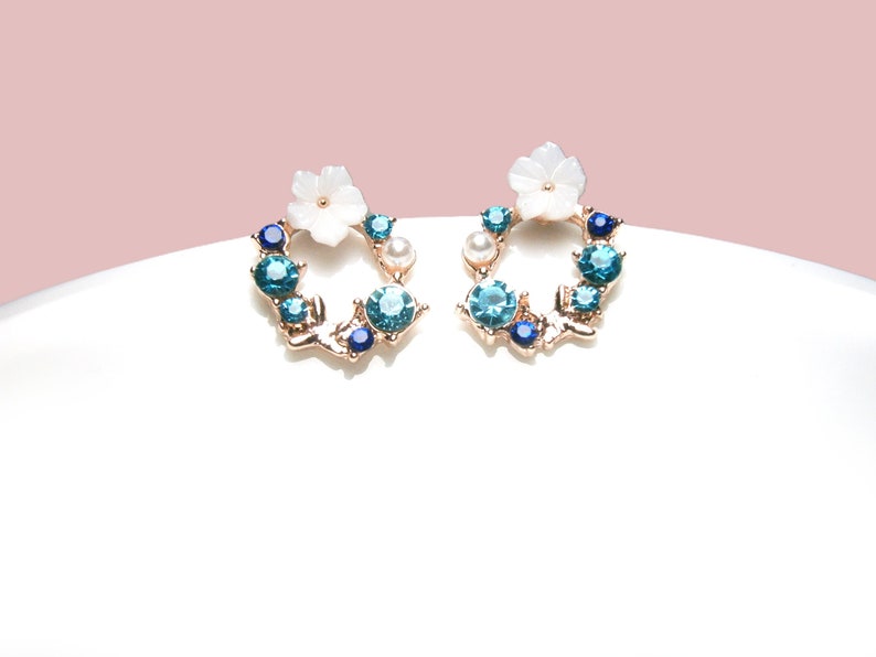Earrings circle rose gold plated with white flower and blue zirconia, ear studs silver 925, sterling silver plug image 1