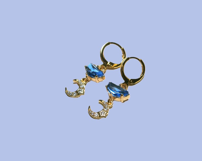 Moon star earrings with blue crystal, gold plated crescent moon earrings image 8