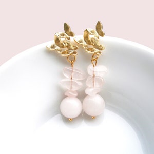 Earrings silver 925 gold plated with butterflies and rose quartz pendants, gemstone drop earrings, pink natural stone earrings image 2