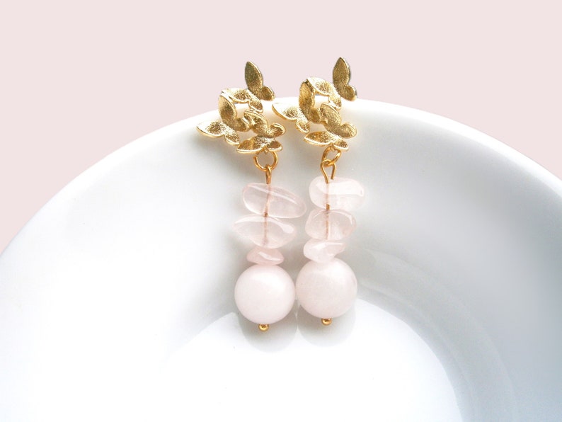 Earrings silver 925 gold plated with butterflies and rose quartz pendants, gemstone drop earrings, pink natural stone earrings image 2