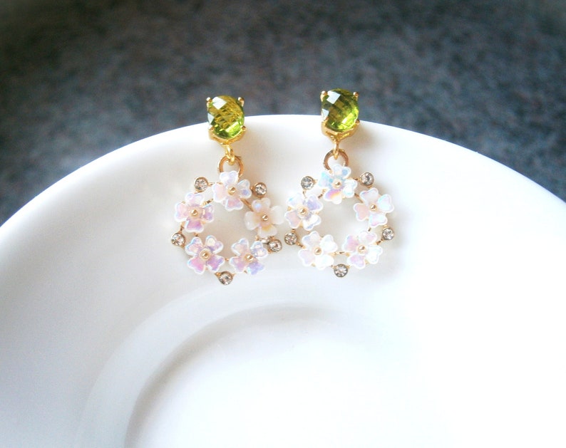 Green peridot earrings with white-pink shimmering cherry blossom pendants, gold-plated silver 925 earrings image 1