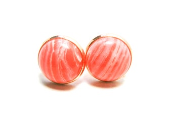 Agate earrings red and white banded, natural stone stud earrings, gemstone jewellery, gold-plated stainless steel plugs