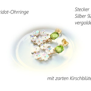 Green peridot earrings with white-pink shimmering cherry blossom pendants, gold-plated silver 925 earrings image 6