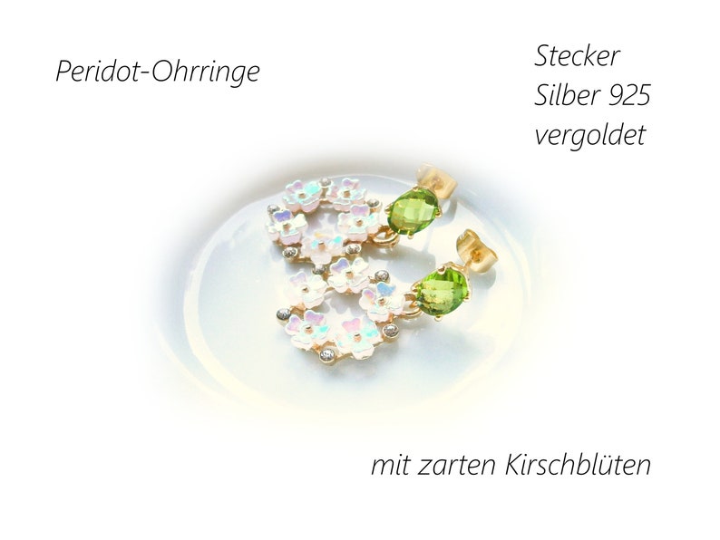 Green peridot earrings with white-pink shimmering cherry blossom pendants, gold-plated silver 925 earrings image 6