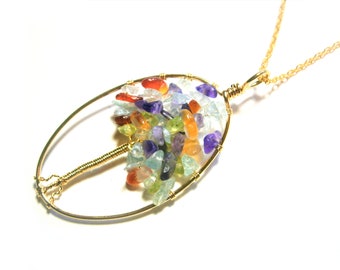 Gemstone tree of life necklace, gold-plated chain with colorful natural stone chips, raw stones