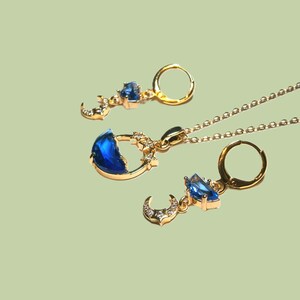 Moon star earrings with blue crystal, gold plated crescent moon earrings Schmuckset