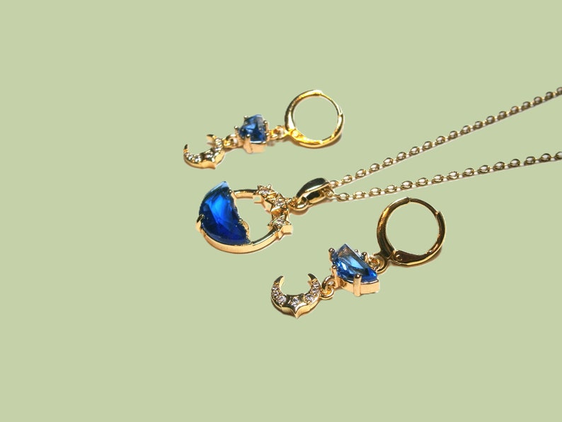 Moon star earrings with blue crystal, gold plated crescent moon earrings image 2