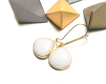 White jade earrings, natural stone earrings gold plated, gemstone earrings white-gold