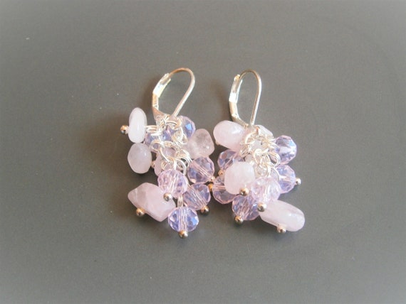 Earrings With Rose Quartz Chips and Crystal Glass Beads: Silver
