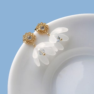 White bellflower earrings gold plated with zirconia, flower earrings, romantic earrings image 3