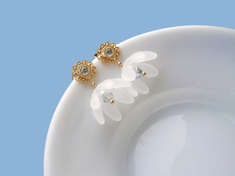 White bellflower earrings gold plated with zirconia, flower earrings, romantic earrings image 3