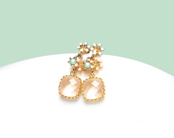 Flower earrings silver 925 gold plated with crystal pendants in apricot and white pink enamelled flowers