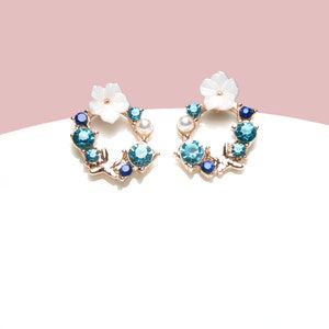 Earrings flowers wreath with pearl, crystal and zirconia Flower stud earrings silver 925 rose gold plated image 8