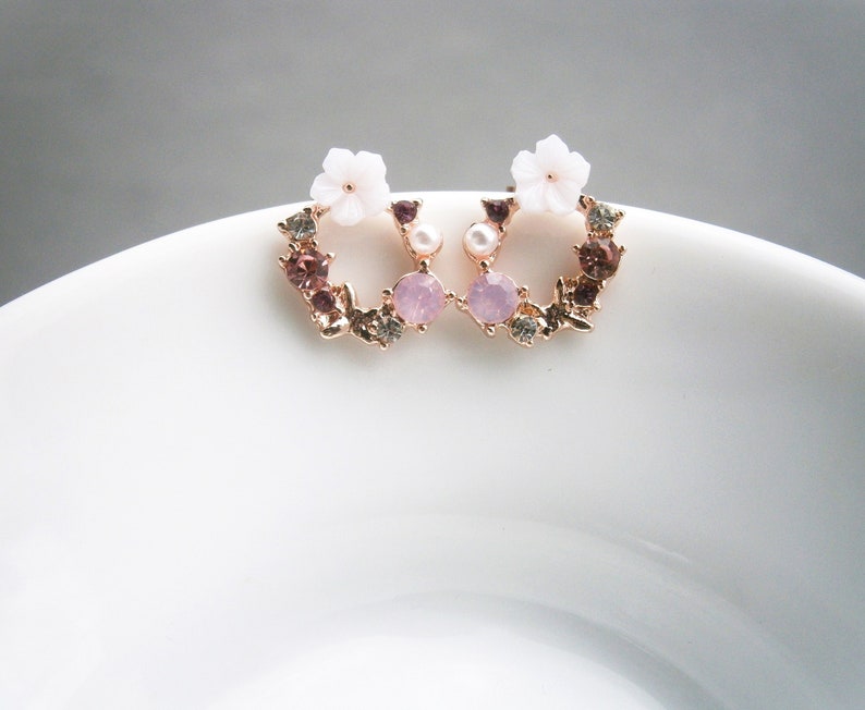 Earrings flowers wreath with pearl, crystal and zirconia Flower stud earrings silver 925 rose gold plated Pink