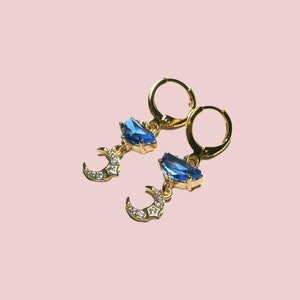 Moon star earrings with blue crystal, gold plated crescent moon earrings image 9