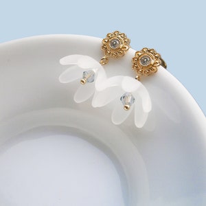 White bellflower earrings gold plated with zirconia, flower earrings, romantic earrings image 2