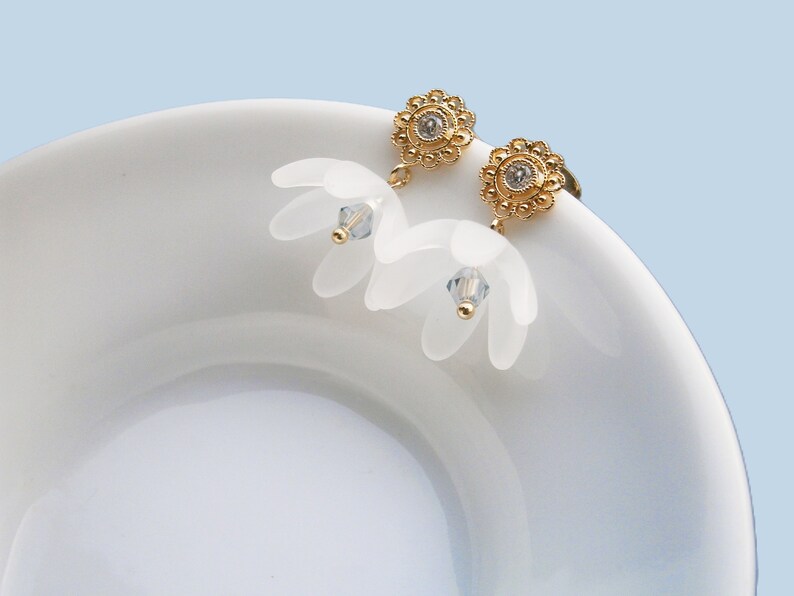 White bellflower earrings gold plated with zirconia, flower earrings, romantic earrings image 2