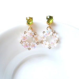 Green peridot earrings with white-pink shimmering cherry blossom pendants, gold-plated silver 925 earrings image 4