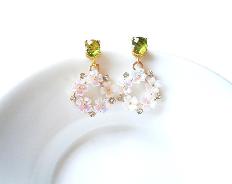 Green peridot earrings with white-pink shimmering cherry blossom pendants, gold-plated silver 925 earrings image 4