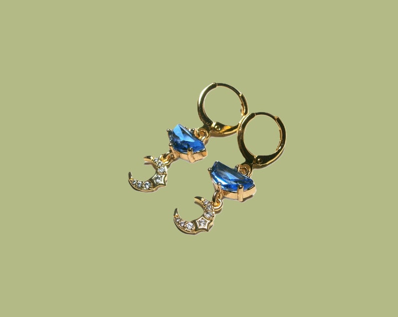Moon star earrings with blue crystal, gold plated crescent moon earrings image 3