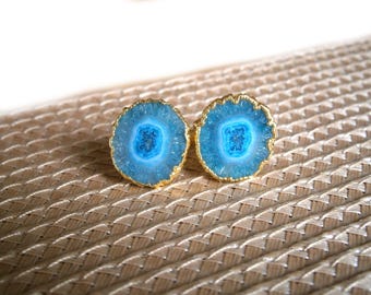 Gold-plated cufflinks with blue agate: Round gemstone geode, genuine natural stone druse, men's jewelry
