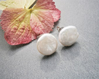 Baroque pearl ear studs silver 925, genuine cultured pearl earrings white