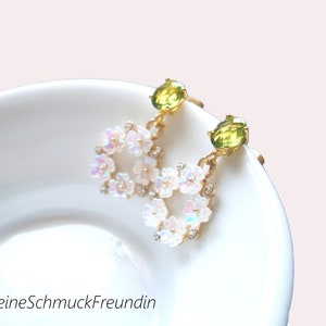 Green peridot earrings with white-pink shimmering cherry blossom pendants, gold-plated silver 925 earrings image 3