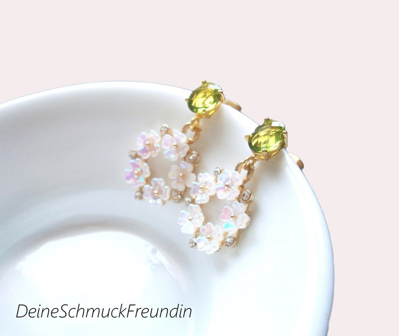 Green peridot earrings with white-pink shimmering cherry blossom pendants, gold-plated silver 925 earrings image 3