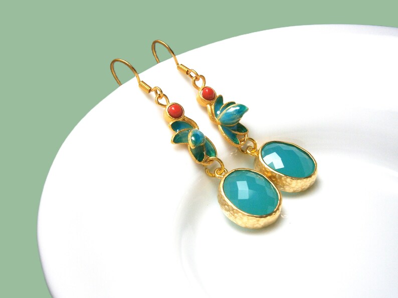 Green jade earrings with enamel leaves and red coral stones, matt gold-plated silver 925 earrings, sterling silver image 1