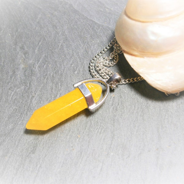 Yellow jade necklace, silver-plated chain, yellow hexagon pendant, yellow gemstone, yellow natural stone pendulum