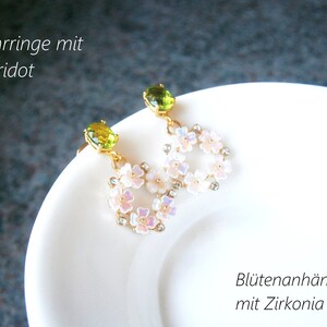 Green peridot earrings with white-pink shimmering cherry blossom pendants, gold-plated silver 925 earrings image 5