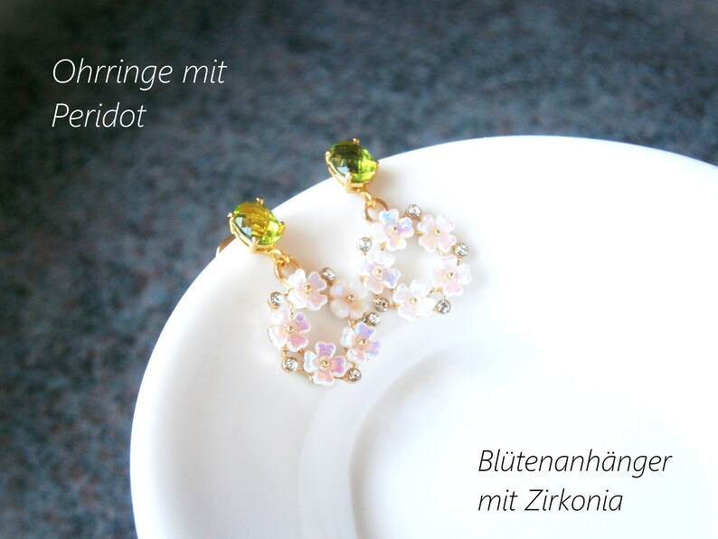 Green peridot earrings with white-pink shimmering cherry blossom pendants, gold-plated silver 925 earrings image 5