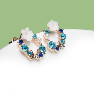 Earrings circle rose gold plated with white flower and blue zirconia, ear studs silver 925, sterling silver plug image 3