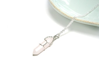 Rose quartz necklace silver 925, pink gemstone necklace, natural stone pendant hexagon