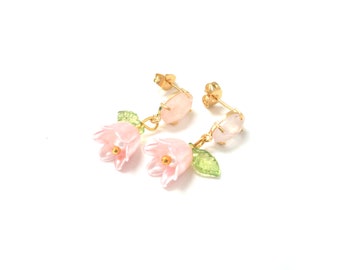 Rose quartz earrings with pink flower pendant, ear studs 925 silver gold plated, bellflower earrings