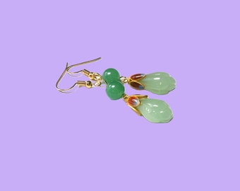 Green jade flower earrings with enamel flower calyx, gold-plated gemstone earrings