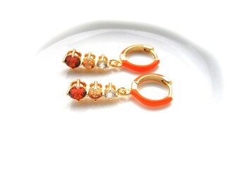 Gold hoop earrings with cubic zirconia pendants in orange or purple: Enamelled earrings, high-quality gold plating