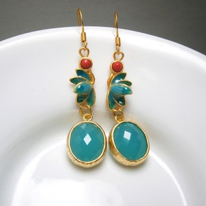 Green jade earrings with enamel leaves and red coral stones, matt gold-plated silver 925 earrings, sterling silver image 5