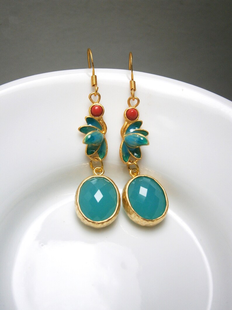 Green jade earrings with enamel leaves and red coral stones, matt gold-plated silver 925 earrings, sterling silver image 5