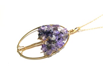 Amethyst necklace, tree of life raw stone splinter, natural stone necklace gold plated, birthstone jewelry February