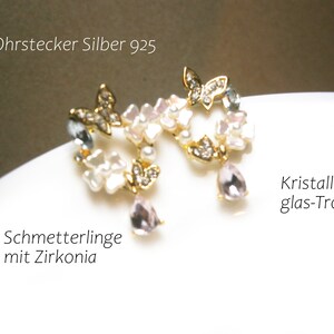 Earrings with white-pink shimmering flowers and crystal drop pendants, gold-plated silver 925 earrings image 7