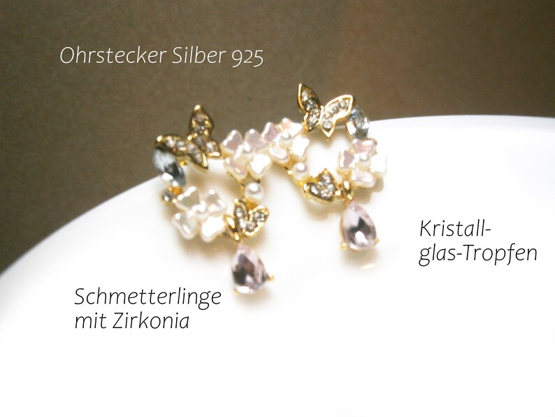 Earrings with white-pink shimmering flowers and crystal drop pendants, gold-plated silver 925 earrings image 7