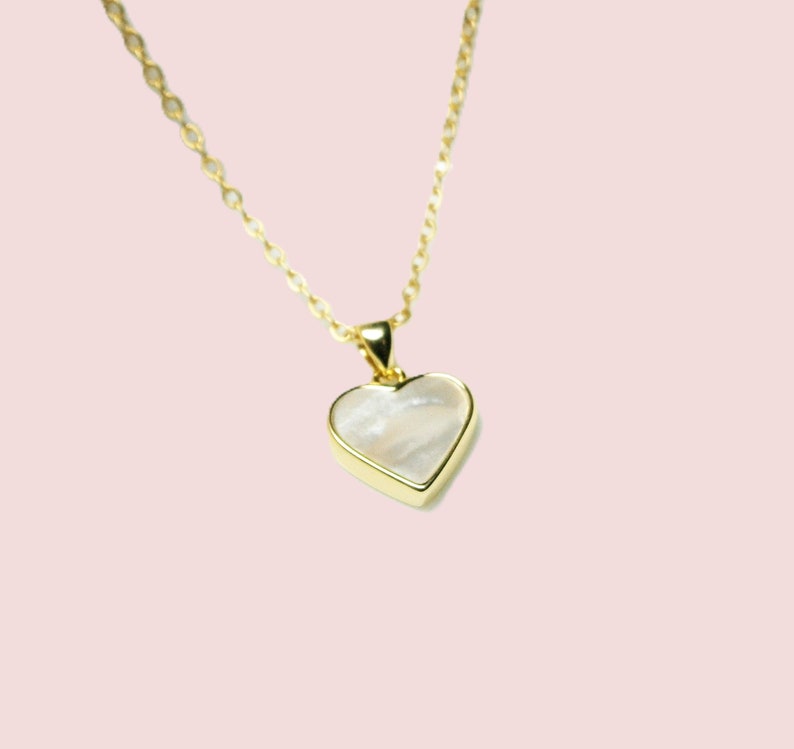 Mother of pearl heart necklace gold plated, chain with white and gold heart pendant, mother of pearl necklace image 5